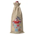 Christmas burlap wine bottle bag with festive car print, rustic linen drawstring gift bag. - Linen 07
