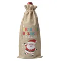 Christmas burlap wine bottle bag with drawstring, festive Santa print for holiday party. - Linen 10
