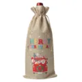 Christmas burlap wine bottle bag with drawstring, festive red car and Santa print for parties. - Linen 11