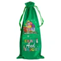 Kerst groen satijn trekkoord wijnfles tas met feestelijk geschenk print en vakantie tekst. - Groen 18