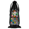 Zwarte satijnen kerstwijnfles tas met Kerstman print en handig trekkoord voor feestdagen. - Zwart 19