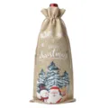 Christmas burlap wine bottle gift bag, rustic jute champagne cover with festive Santa print. - Linen 13