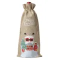 Christmas burlap wine bottle bag with festive Santa design, drawstring gift wrap for holiday. - Linen 14