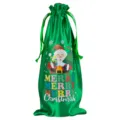 Groene kerst satijnen wijnfles cadeauzak met Kerstman en feestelijke tekst opdruk. - Groen 19