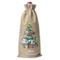 Christmas burlap wine bottle bag with festive tree print, rustic holiday table decor style. - Linen 18