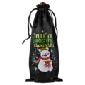 Zwarte kerst satijn wijnfles geschenkzak met schattige ijsbeer print en trekkoord sluiting. - Zwart 21