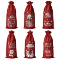 Christmas burlap wine bottle bag, red holiday gift packaging with cute holiday prints. - Wine Red 6 Styles Set 2