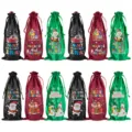 Kerst satijnen wijnfles geschenktassen met trekkoord, feestelijke champagnehouders. - Wijn/Groen/Zwart Mix 02