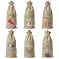 Christmas burlap wine bottle bag with festive print and drawstring, perfect holiday party gift. - Linen 6 Styles Set 1