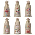 Christmas burlap wine bottle bag, rustic linen wine gift bag with drawstring for holiday party. - Linen 6 Styles Set 2