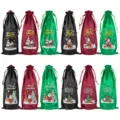 Kerst satijn wijnfles tas, feestelijke trekkoord champagne cadeautas, 3 kleuren. - Wijn/Groen/Zwart Mix 04