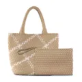 Woven tote bag and matching clutch set, stylish diagonal pattern shoulder bag for women. - Apricot