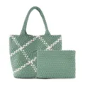 Green woven tote bag set with matching pouch, stylish leather-look braided shoulder handbag. - Grass Green