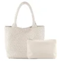 Sac cabas en cuir tressé avec pochette assortie, grand sac à main élégant et décontracté. - Blanc Cassé