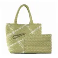 Light Green White Woven Leather Tote Bag with Matching Pouch Chic Casual Shoulder Bag - Fruit Green