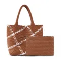 Handmade woven tote bag with pouch, brown and white diagonal design, casual shoulder bag. - Brown