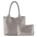 Grand sac cabas tisse en cuir argente avec pochette assortie, sac a main casual. - Gris Argent