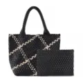 Black and beige woven leather tote bag with a matching small pouch, stylish shoulder bag. - Black