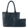 Grand sac cabas tressé en cuir bleu foncé fait main avec pochette assortie, tendance. - Bleu foncé