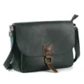 Vintage green leather crossbody messenger bag with brown buckle for women daily casual use. - Dark Green