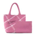 Handmade Woven Tote Bag Fashion Casual Shoulder Bag Large Capacity Pink Pouch Set - Rose Red