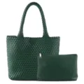 Grand sac cabas tressé en cuir vert foncé avec pochette assortie style décontracté chic. - Vert foncé