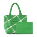 Green white woven tote bag set, stylish large capacity shoulder handbag with matching pouch. - Green