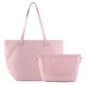 Pink woven leather tote bag with matching small pouch for women daily commuting style - Pink