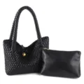 Sac a epaule en cuir tisse noir sac cabas tresse elegant avec pochette assortie pour femmes. - Noir