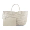 Woven tote bag for women, stylish large PU leather shoulder bag with matching clutch pouch. - White