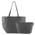Handmade woven leather tote bag set with matching shoulder pouch, large capacity daily use. - Gray