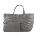 Grey woven leather tote bag with matching pouch, stylish large shoulder handbag for women. - Gray