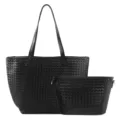 Black woven leather tote bag with matching pouch, stylish large capacity shoulder bag. - Black