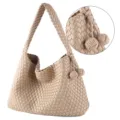 Stylish Beige Woven Leather Hobo Shoulder Bag Tote Purse with Elegant Knotted Details - Apricot with Pendant