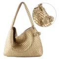 Elegant metallic gold woven shoulder bag for women, stylish large capacity hobo tote hand. - Gold with Pendant