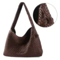Brown woven leather shoulder bag large capacity casual soft tote handbag with knot detail - Coffee with Pendant