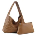 Brown woven leather shoulder bag with matching zipper pouch, stylish casual large capacity hobo. - Brown