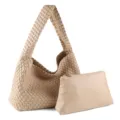 Beige woven leather shoulder bag with matching pouch, stylish hobo tote for daily casual wear. - Apricot