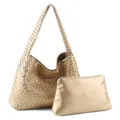 Gold woven shoulder bag and pouch set, large capacity soft leather hobo handbag for women. - Gold