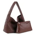Handcrafted woven leather shoulder bag large tote with matching small clutch pouch. - Coffee