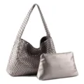 Woven shoulder bag set, large capacity hobo tote with matching pouch, metallic silver soft leather. - Silver Gray