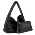 Black woven leather tote shoulder bag with matching pouch for women casual style chic - Black
