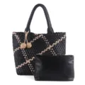 Black and beige woven leather tote bag with matching pouch, stylish large capacity shoulder bag. - Black