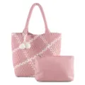 Handmade woven color-block large capacity tote shoulder bag with a small pouch. - Pink