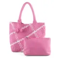Pink woven tote bag with pouch, color-block large capacity shoulder bag for women. - Rose Red