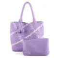 Purple white woven tote bag with matching pouch, handmade large capacity shoulder bag. - Violet