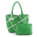 Green woven tote bag set with white diagonal stripes, stylish large capacity shoulder bag. - Verdant