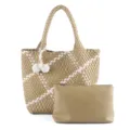 Woven tote bag and clutch set, large capacity casual shoulder bag with braided handle for women. - Apricot