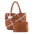 Hand-woven brown white colorblock tote shoulder bag with matching pouch for women. - Brown