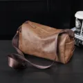 Men's casual brown PU leather shoulder bag, stylish cross-body barrel bag with adjustable strap. - Khaki